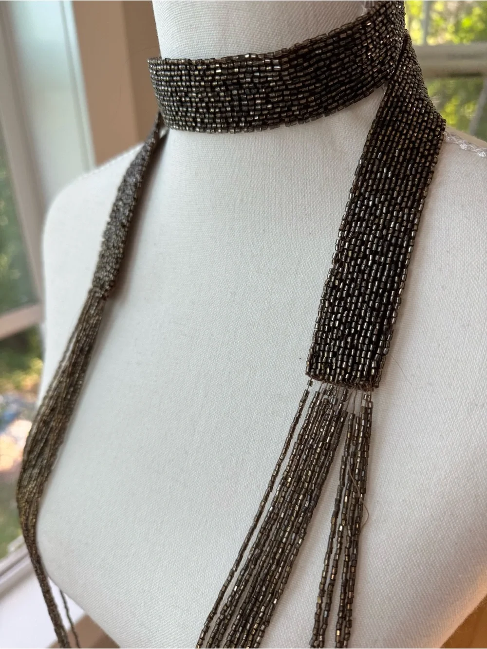 Vintage Y2K Brown Beaded Fringe Belt or Skinny Scarf